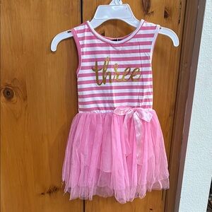 Pink Striped Tulle Dress with Gold 'Three'